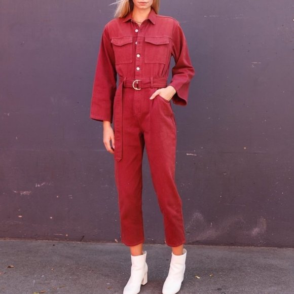 BURGUNDYY Long Sleeve Denim Utility Front Button D - Picture 3 of 8